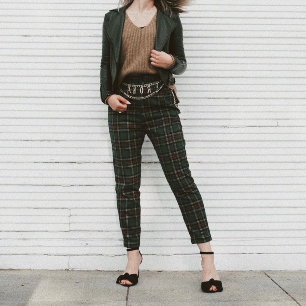 Bershka Joggers Green Plaid